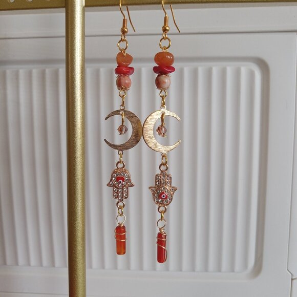 Tarnish Free Gold Plated Moon Earrings With Eye-Catching Rhinestone Hamsa Hand - Picture 1 of 12